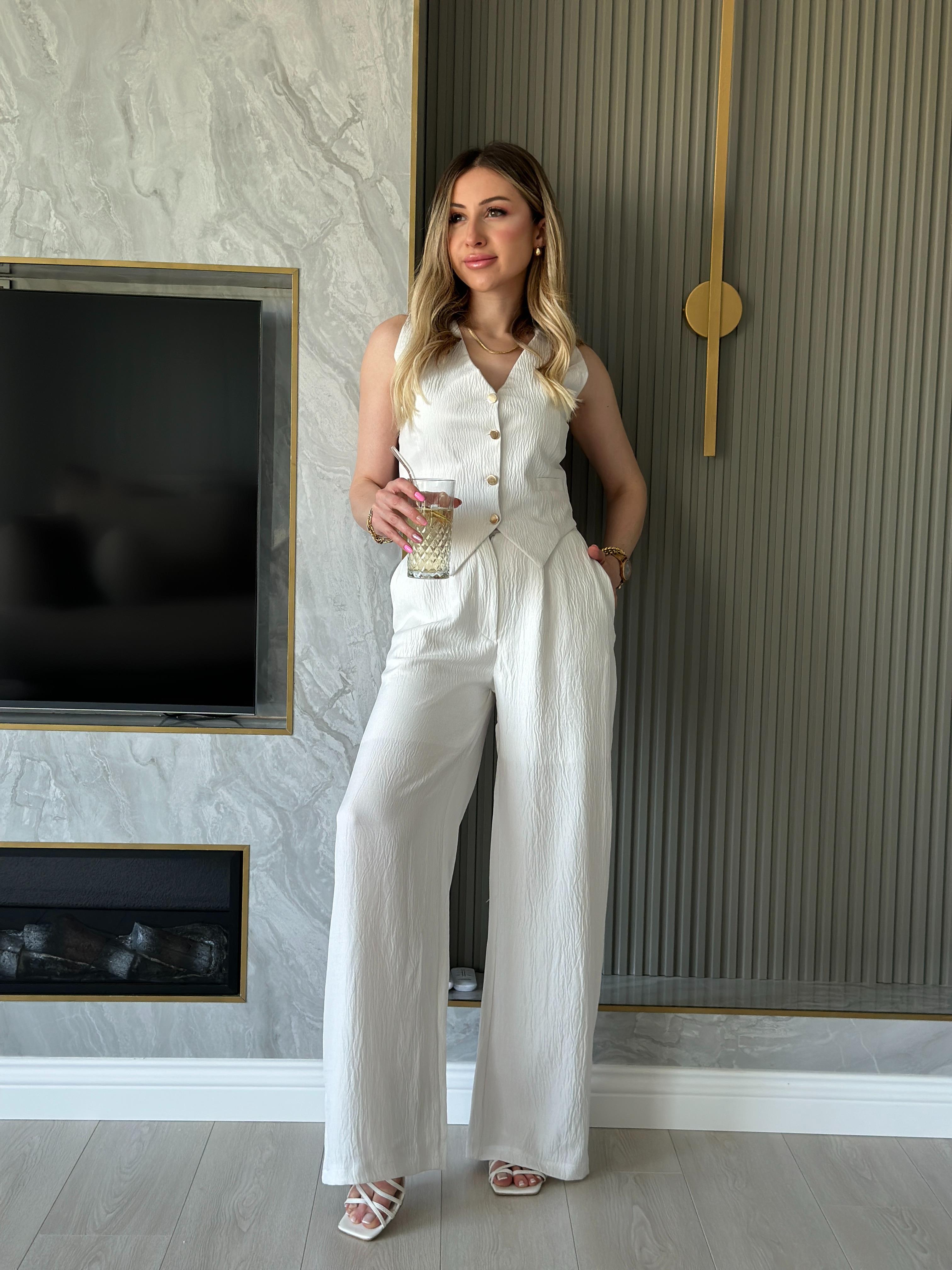 Julia Premium Pallazzolu Yelekli Takım Ekru