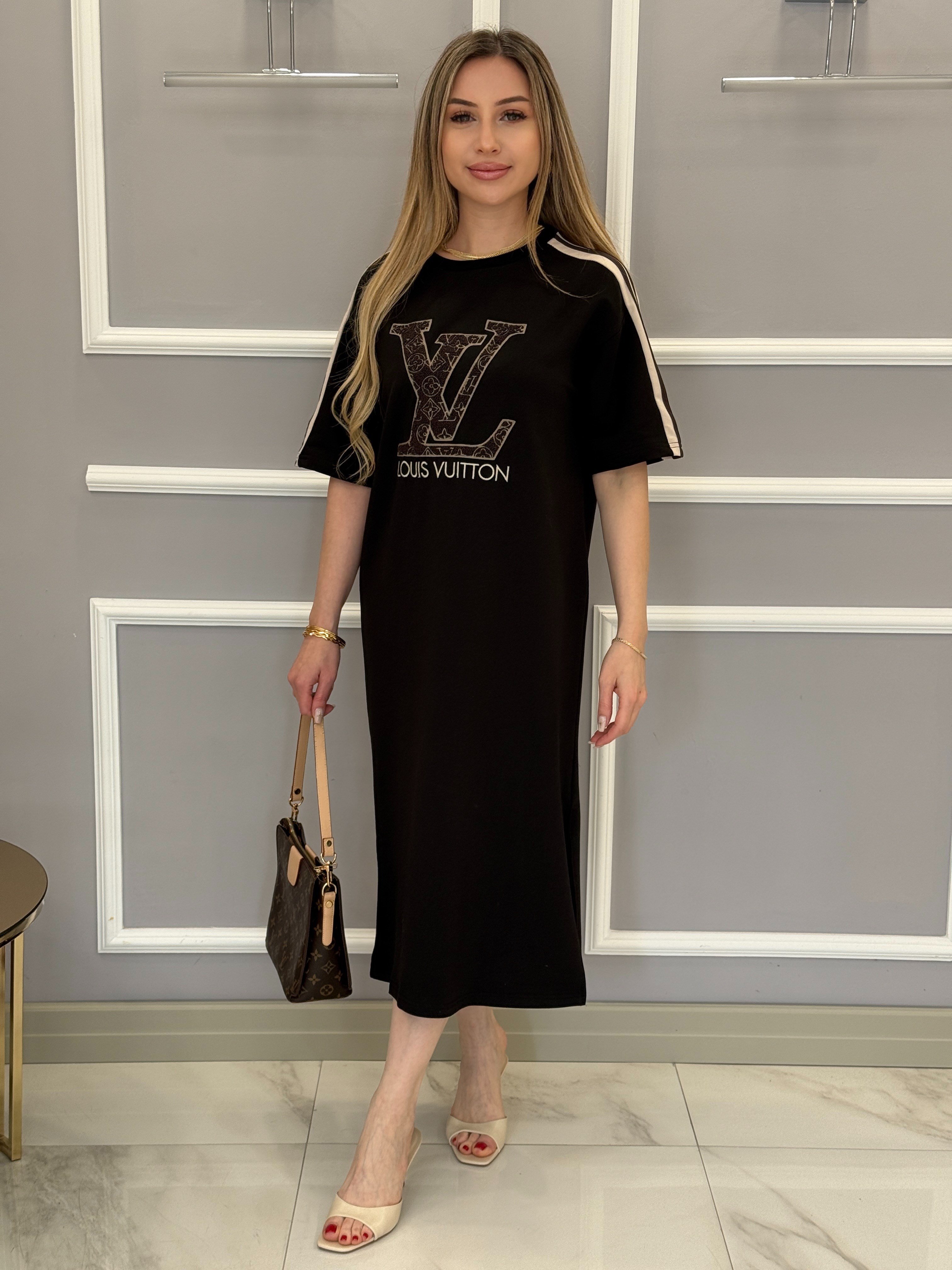 LN Premium Yazı Detaylı Boyu 116cm Yandan Tek Yırtmaçlı Elbise Siyah
