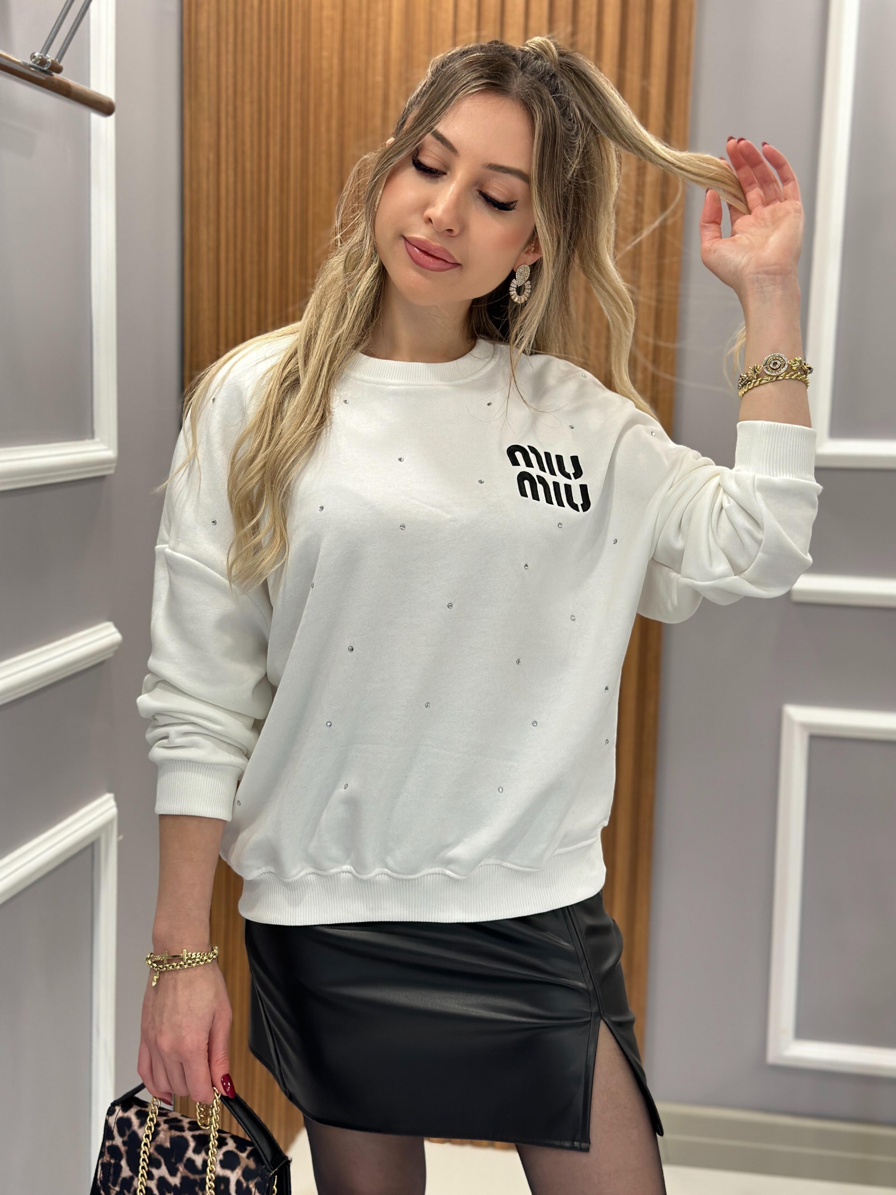 Mı Premium Pırıltılı Taşlı Sweatshirt Ekru