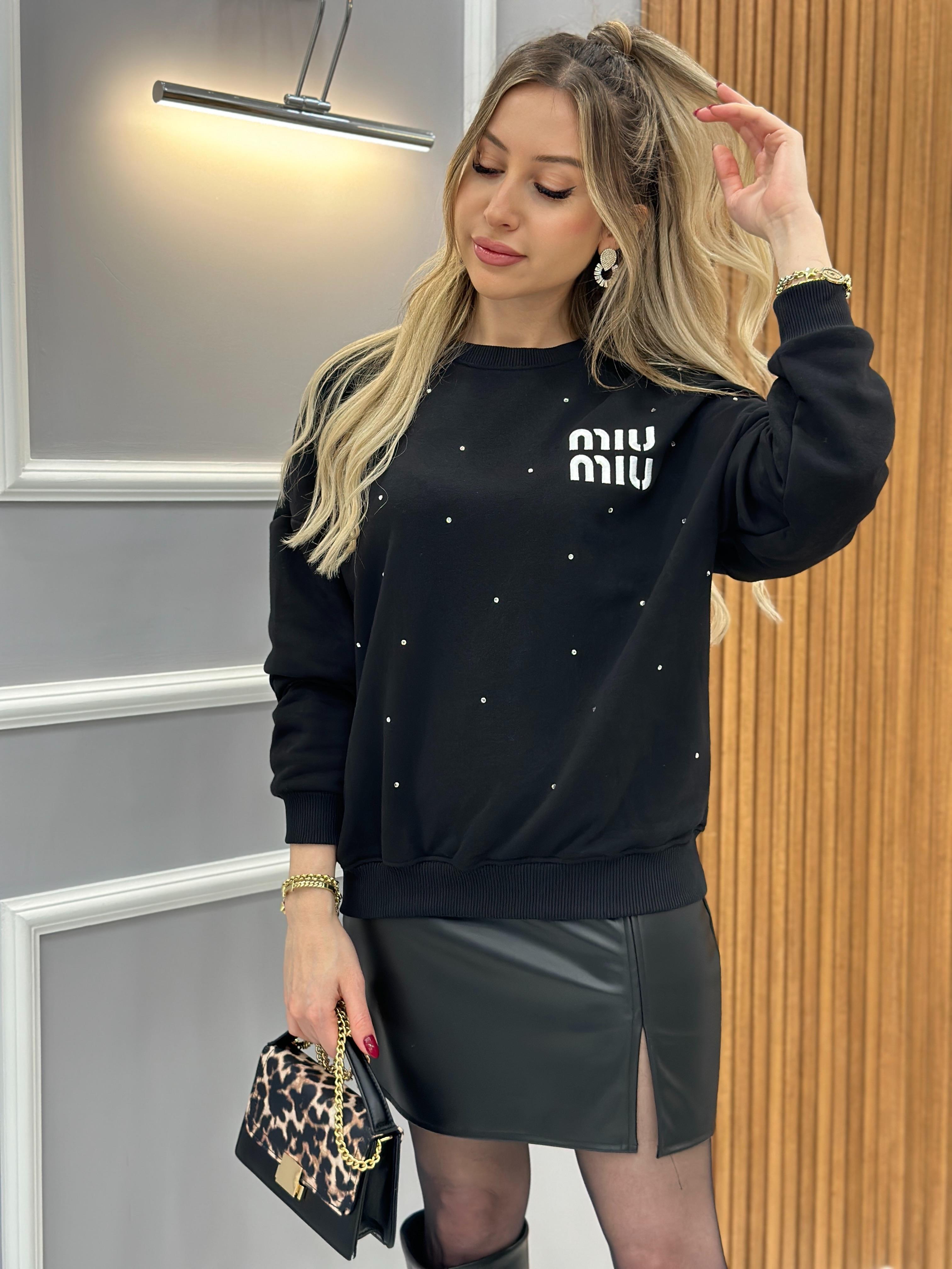 Mı Premium Pırıltılı Taşlı Sweatshirt Siyah