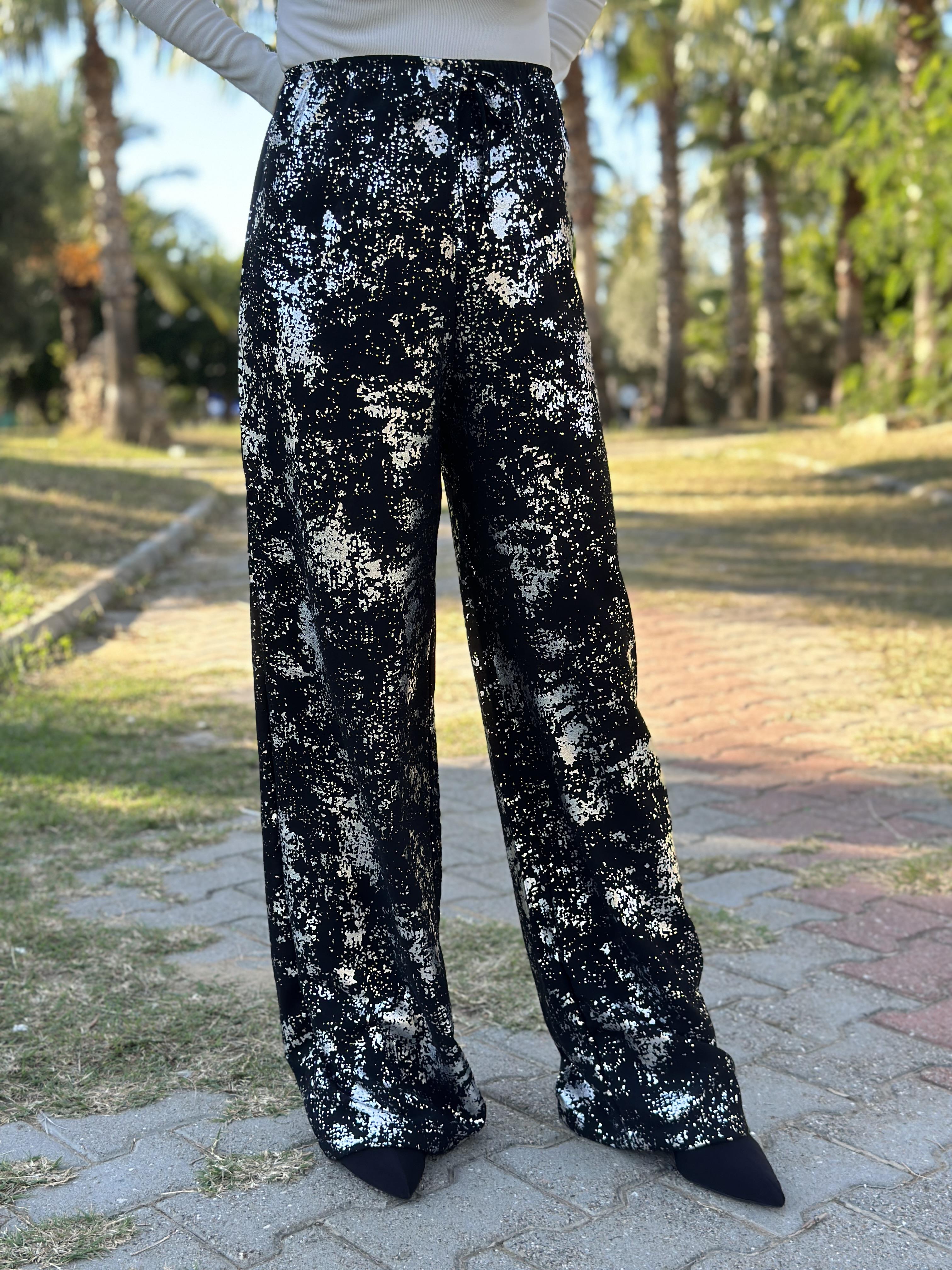 Pantolon Palazzo Siyah-Silver Glitter 
