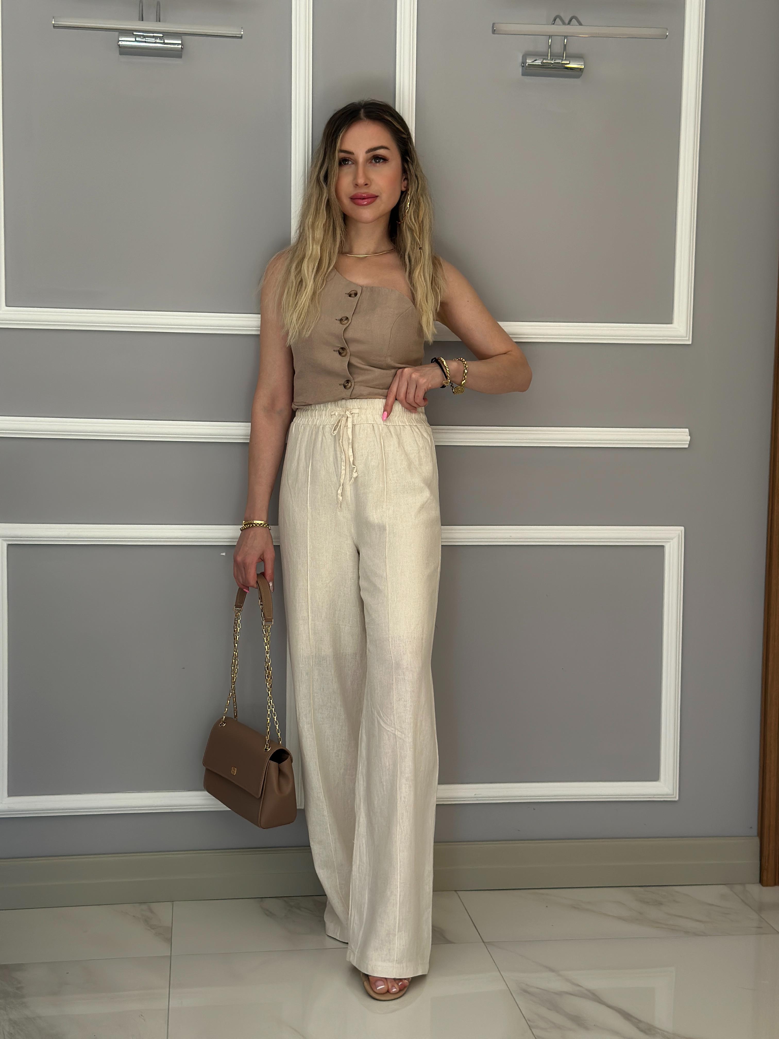 Premium Pantolon Keten İçi Astarlı Palozzo Krem