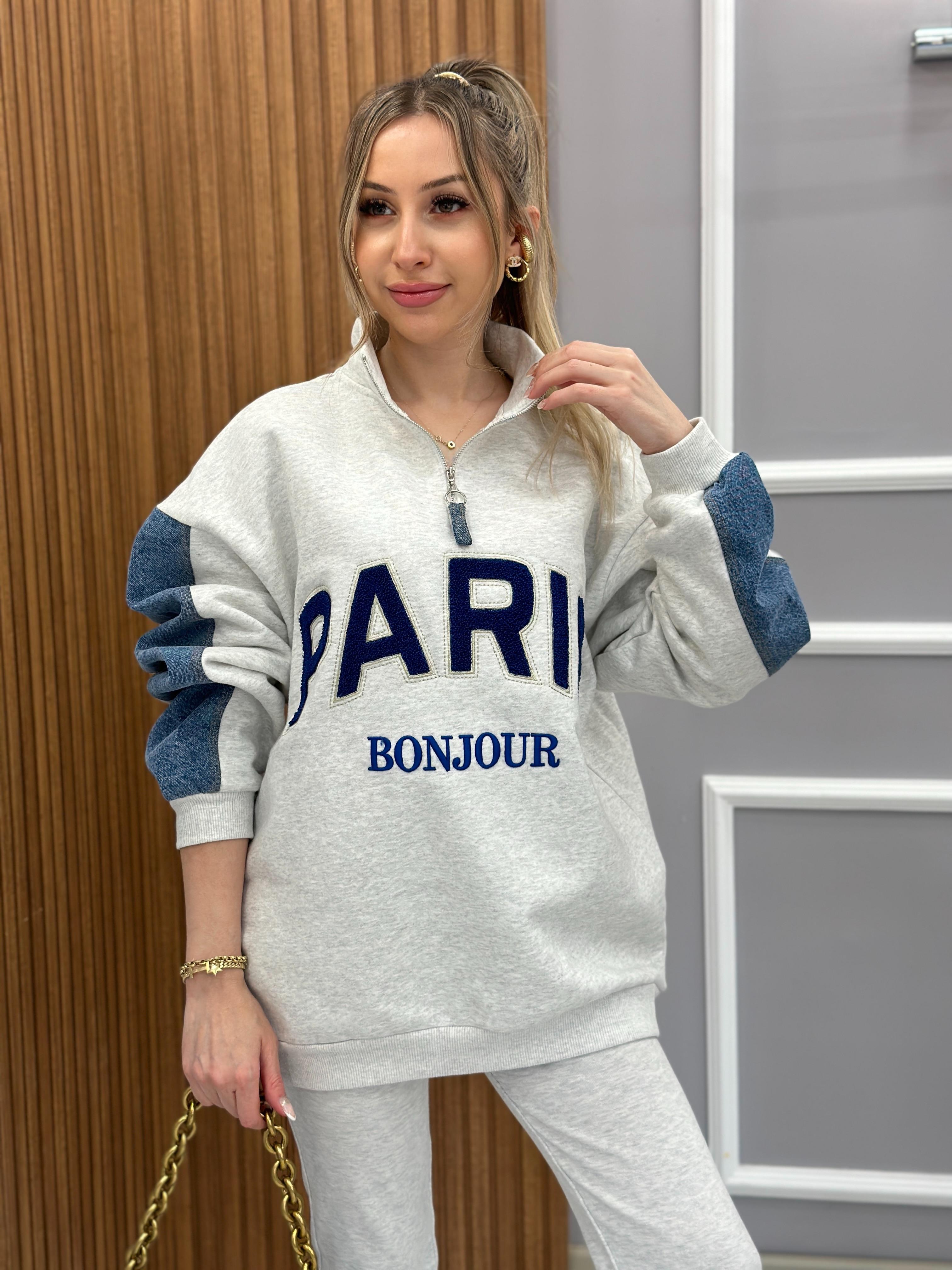 Premium Sweatshirt Oversize Kot Detaylı Fermuarlı Gri