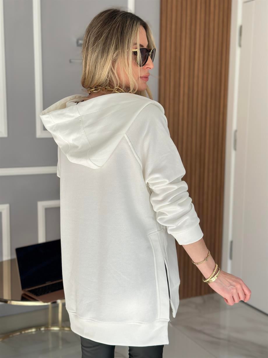 Sweatshirt Basic Oversize Yandan Yırtmaçlı Ekru