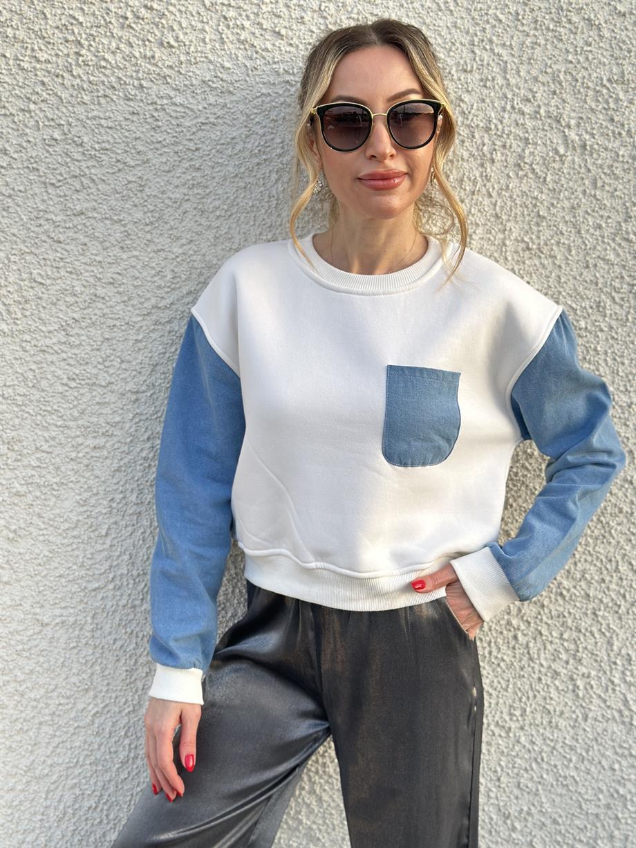 Sweatshirt Kot Detaylı Ekru
