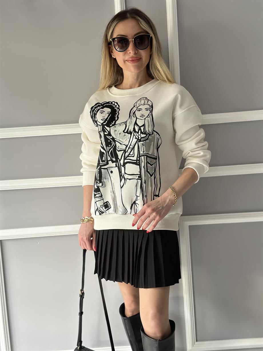 Sweatshirt Taşlı Girls Detaylı Ekru