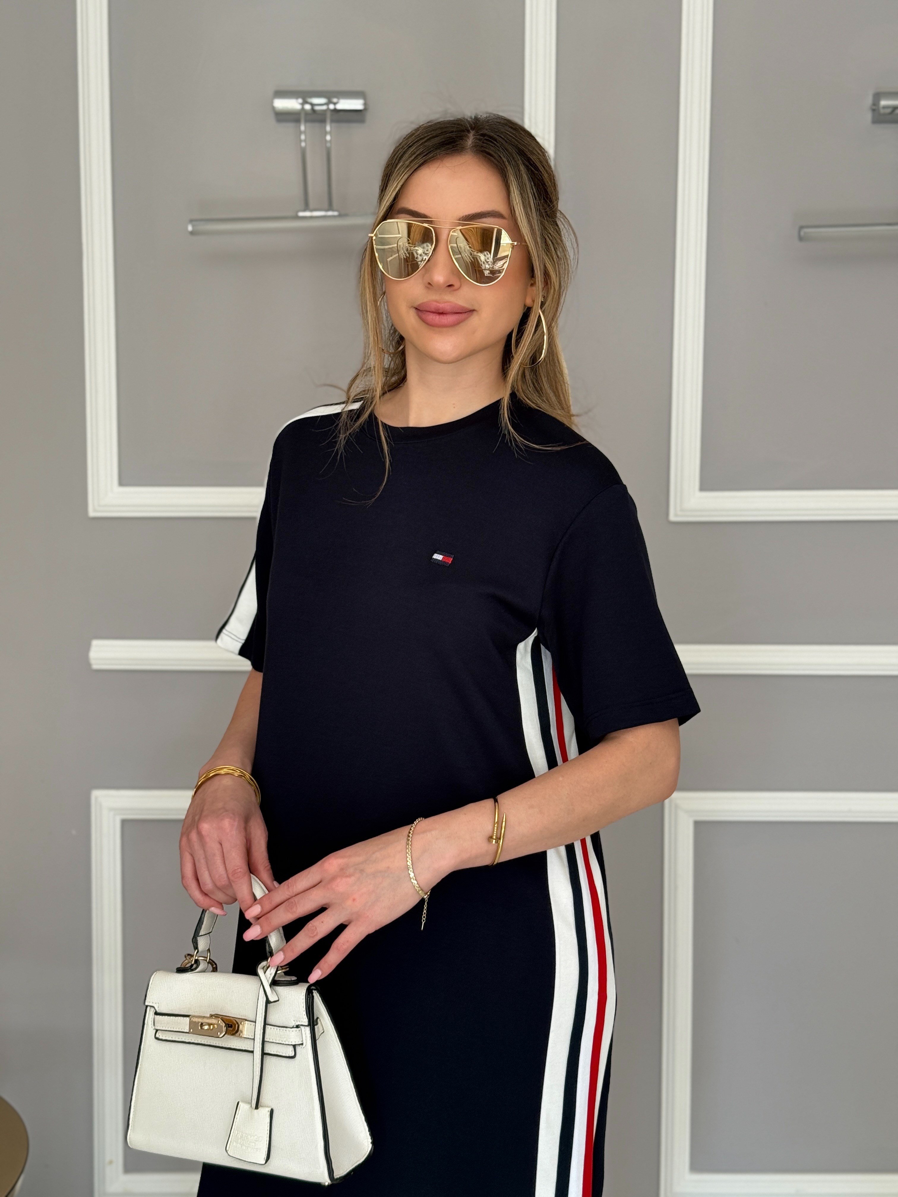 Th Modal Kumaş Şerit Detaylı Boyu 92cm Elbise Lacivert