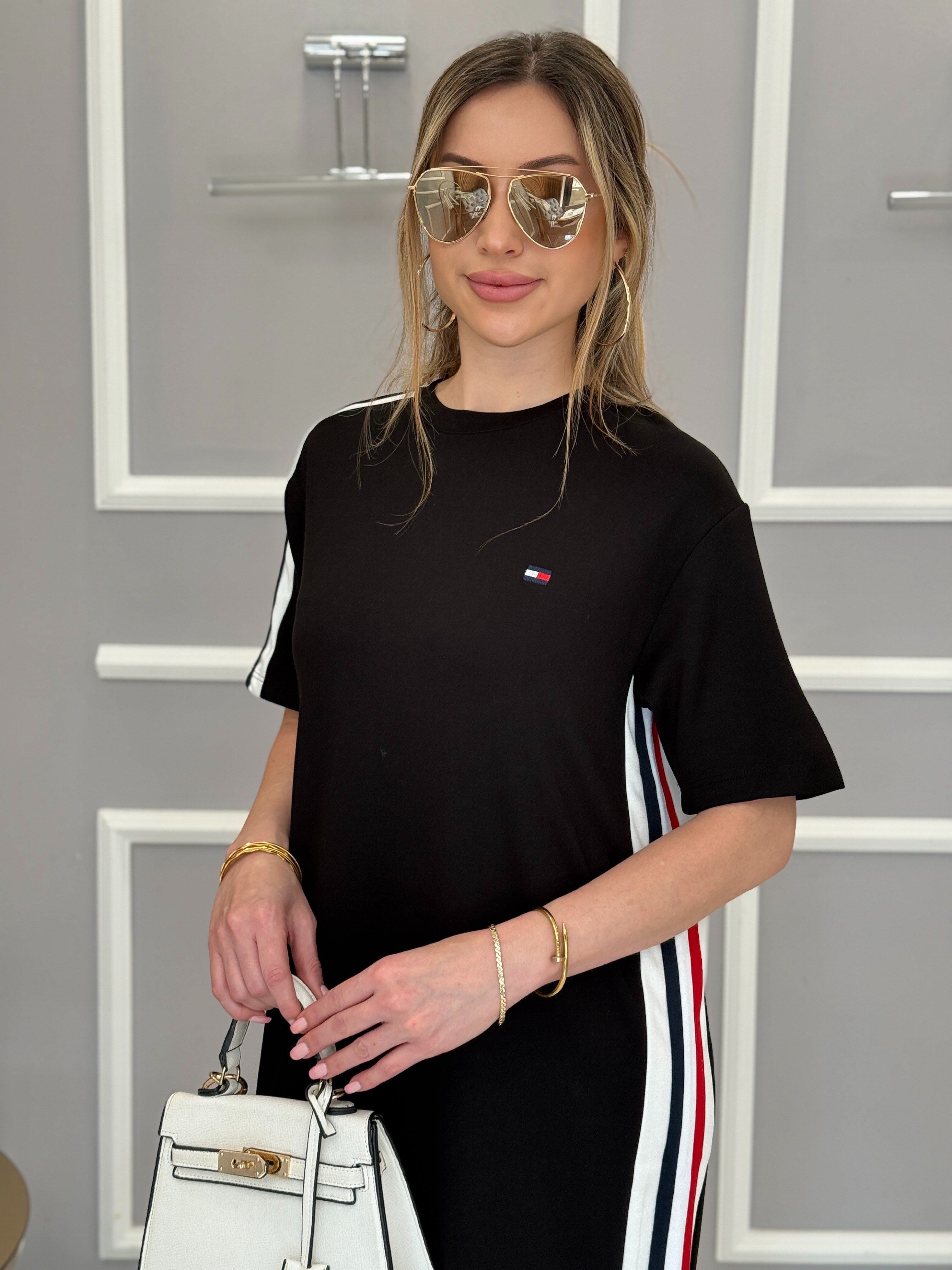 Th Modal Kumaş Şerit Detaylı Boyu 92cm Elbise Siyah