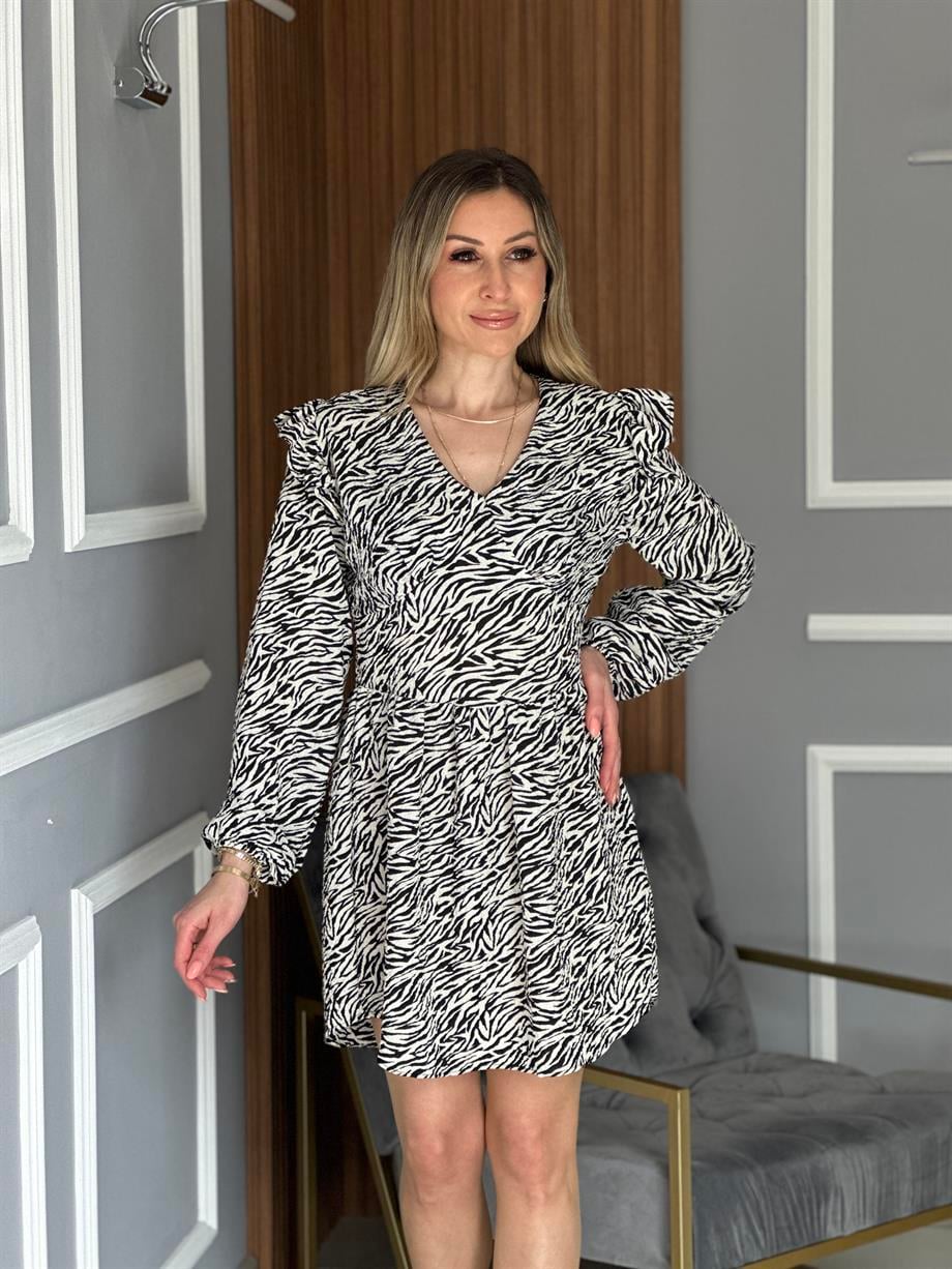 Zebra Desenli Elbise Siyah 