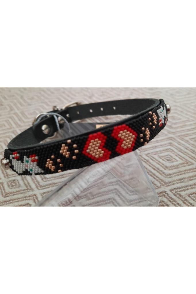 Handmade with love by Ayshe Kedi Desenli Boncuklu Deri Tasma - Siyah