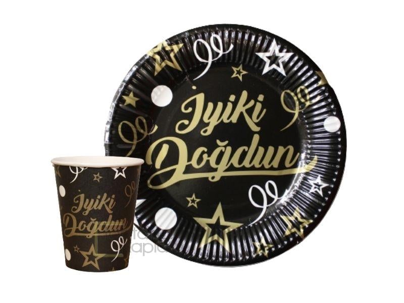 İyi ki Doğdun Siyah Karton Tabak Bardak 8'li Set