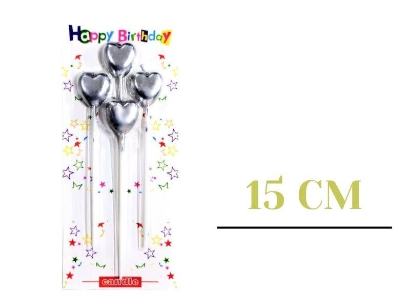 Kalp Model Çubuklu Mum 4'lü Set Gümüş Renk