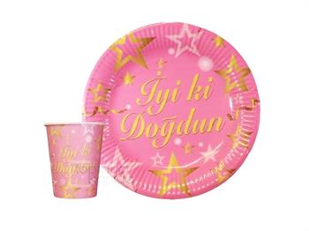 İyi ki Doğdun Pembe Karton Tabak Bardak 8'li Set