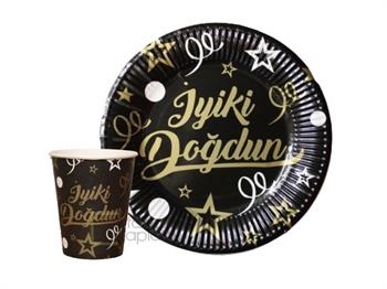 İyi ki Doğdun Siyah Karton Tabak Bardak 8'li Set