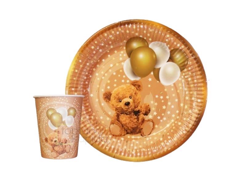 Balonlu Ayıcık Karton Tabak Bardak 8'li Set