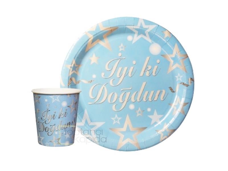 İyi ki Doğdun Mavi Karton Tabak Bardak 8'li Set