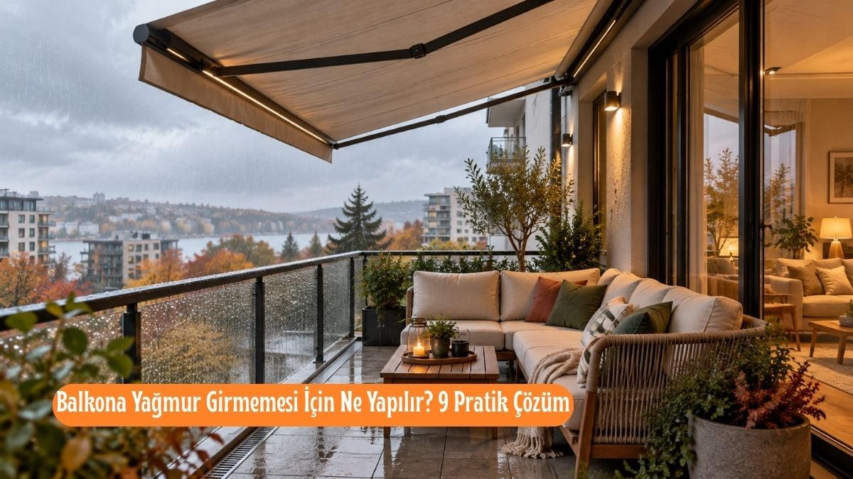 Yağmurlu havada tente ile korunan modern balkon ve oturma alanı