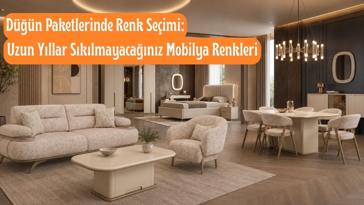 Düğün paketi renkleri için uyumlu yatak odası, yemek odası ve oturma grubu