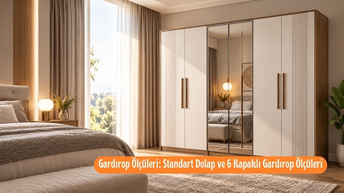 Aydınlık yatak odasında 6 kapaklı aynalı gardırop modeli