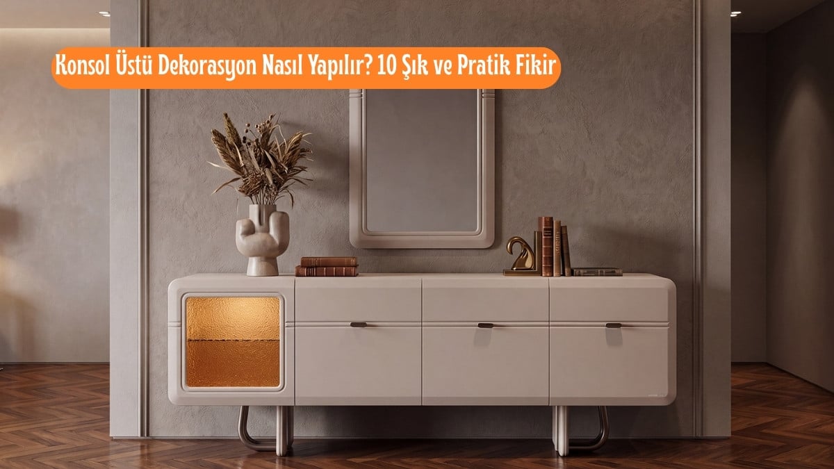 Modern yemek odasında beyaz konsol, duvar aynası ve dekoratif aksesuarlarla konsol üstü dekorasyonu