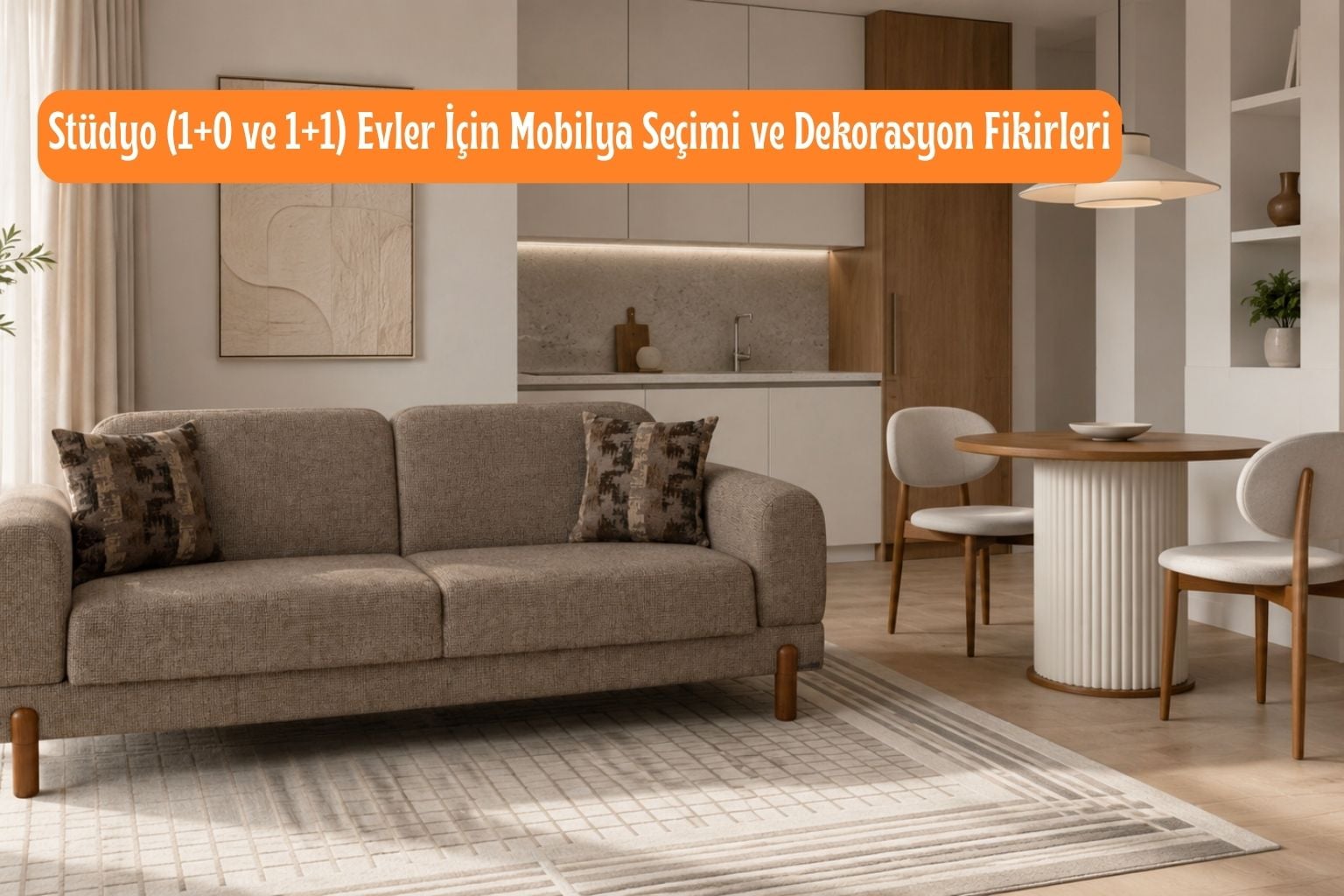 1+1 ev dekorasyonu için küçük ev koltuk ve yemek masası yerleşimi