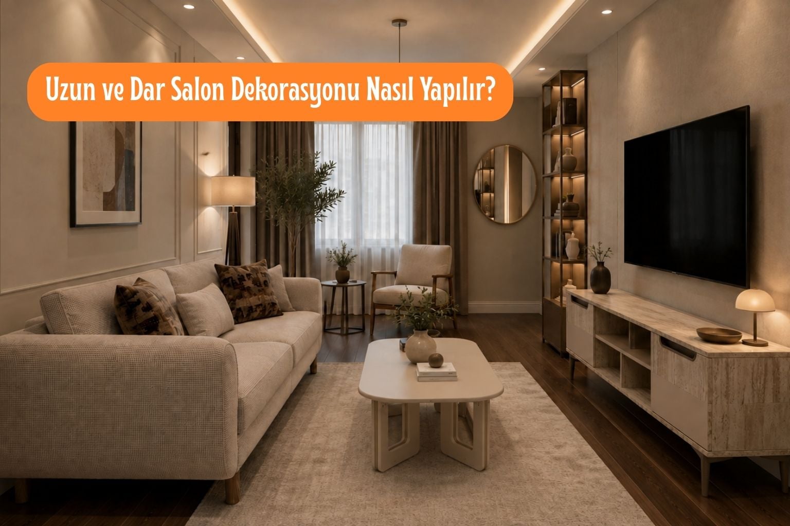 Uzun ve dar salonda modern mobilya düzeni