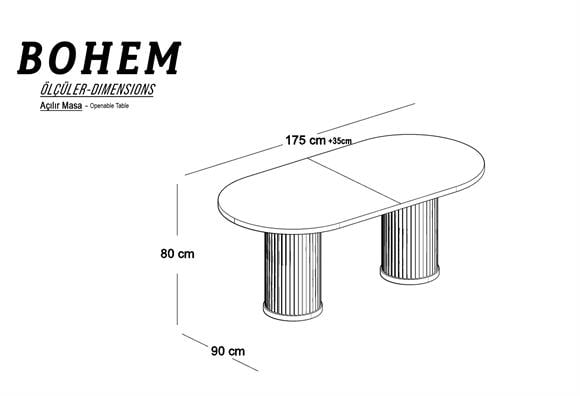175lik Bohem Elips Açılır Yemek Masası (Dut)