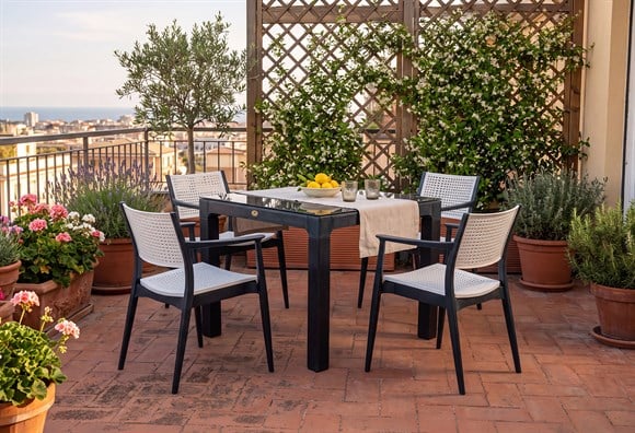 Messina 90x90 Rattan Balkon Bahçe Masa Takımı Camlı (Antrasit)