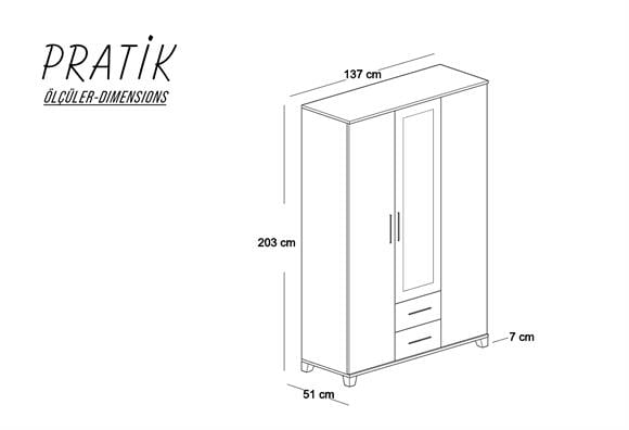 Pratik 3 Kapılı 137lik Dolap (Opak Beyaz)