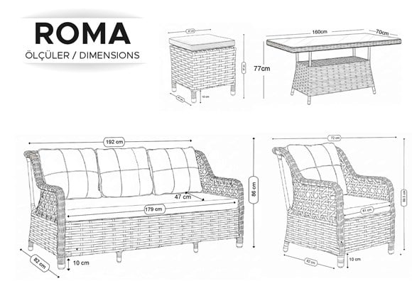 Roma Rattan Örme Balkon Bahçe Takımı (Bej)