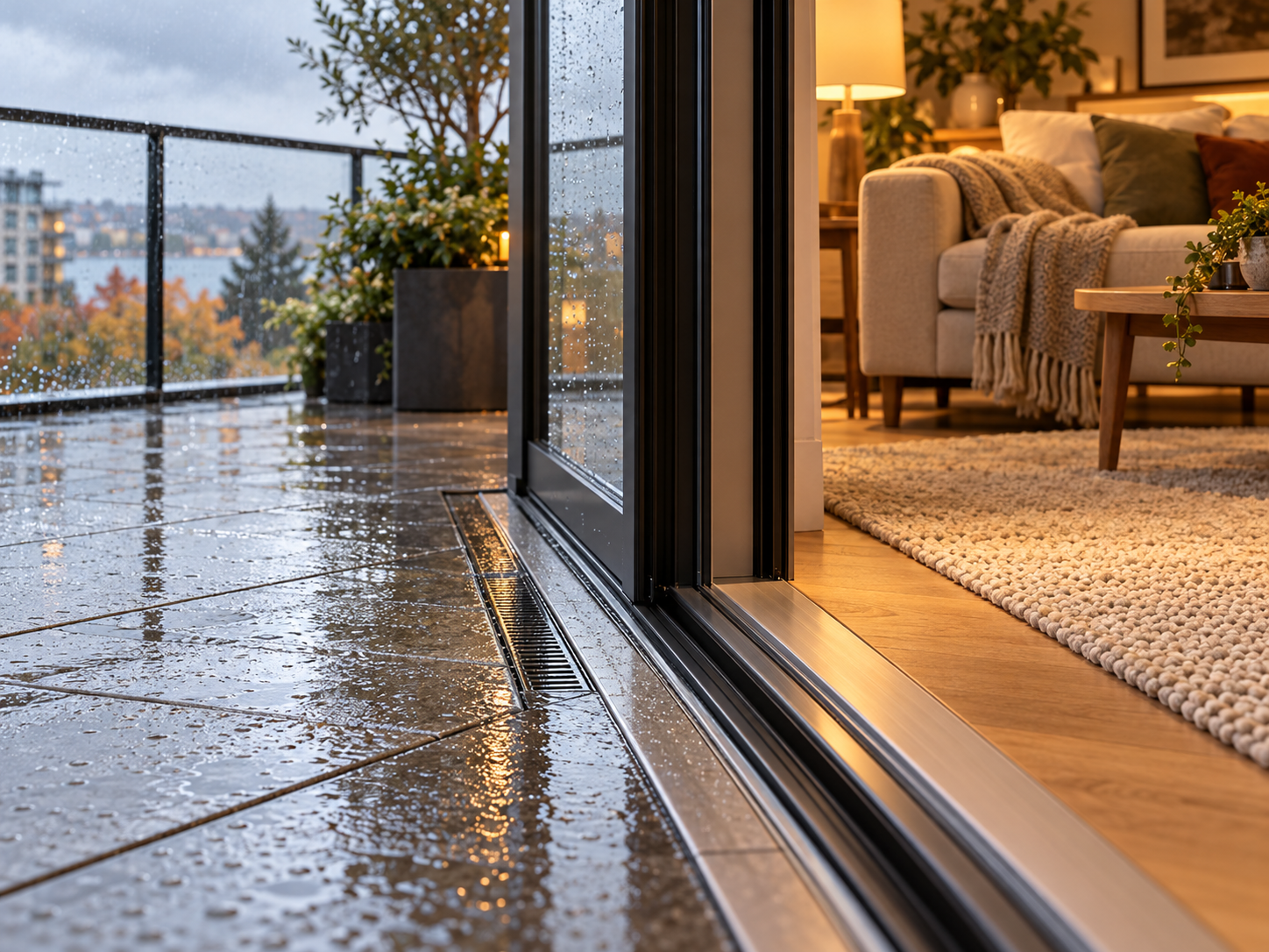 Balkon kapısından salona yağmur suyu girişini önleyen kapı eşiği ve drenaj detayı