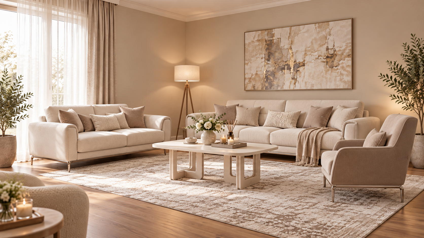 Yeni evlenen çiftler için hazırlanmış modern ve yeni kurulmuş salon