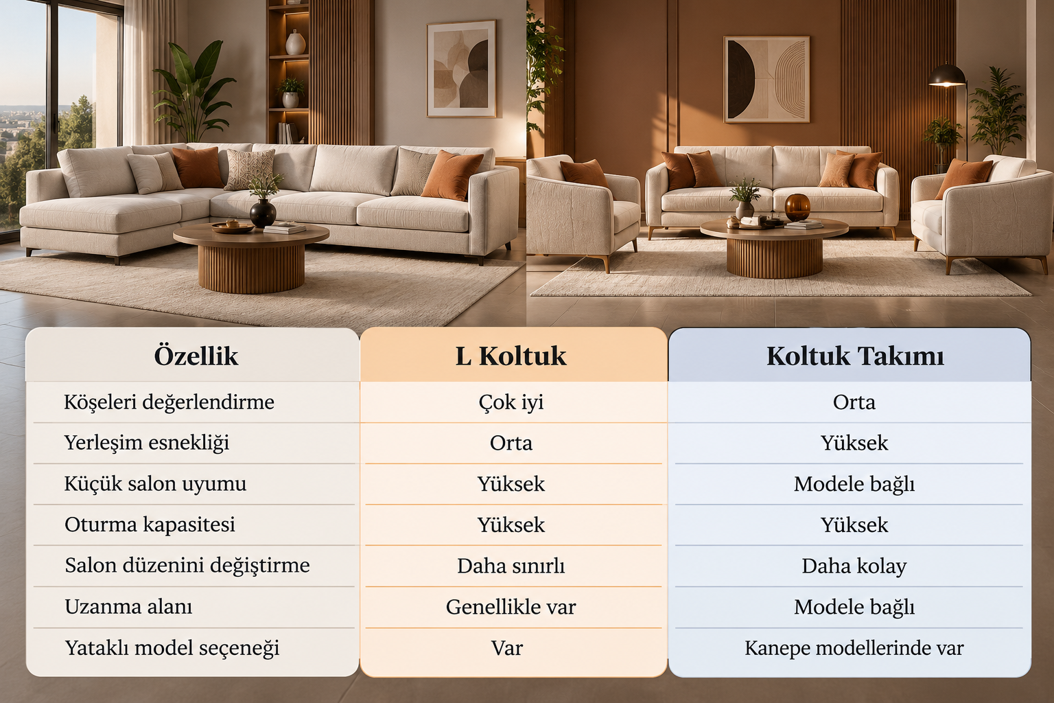 L koltuk ve koltuk takımı özellik karşılaştırması