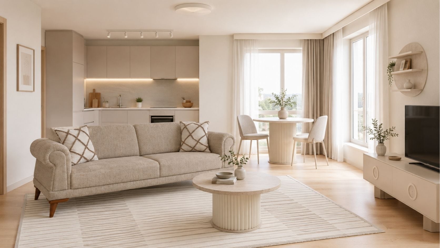 Açık plan stüdyo dairede salon, mutfak ve yemek alanı yerleşimi
