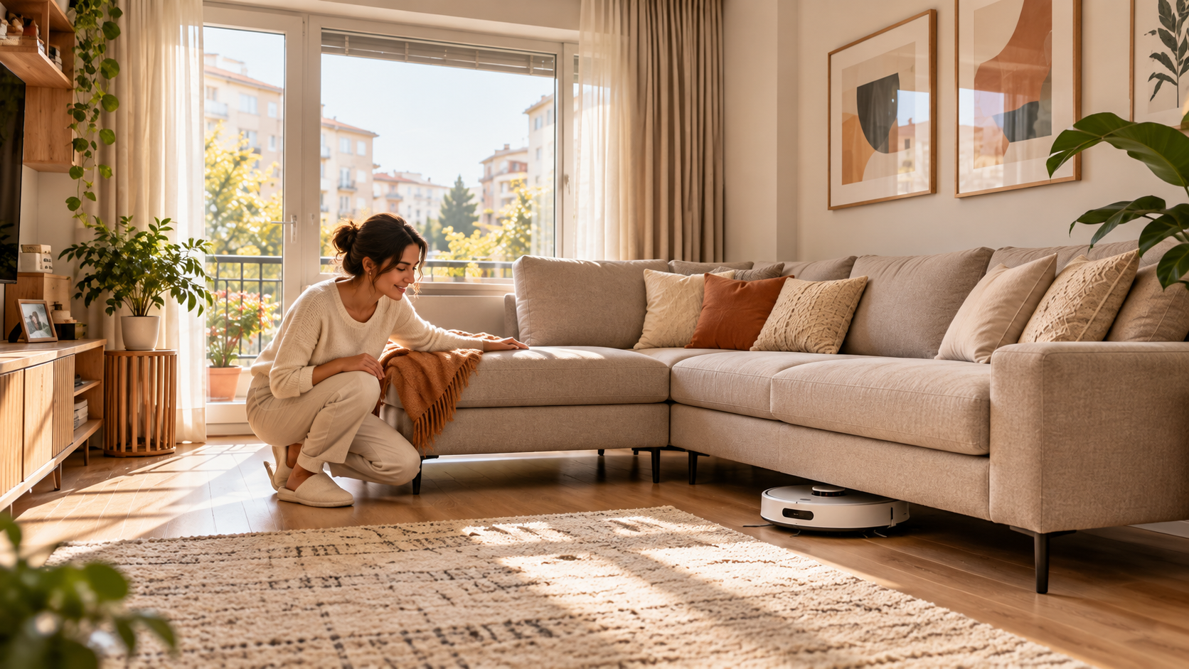 Yüksek ayaklı L koltuk ve robot süpürge ile kolay salon temizliği