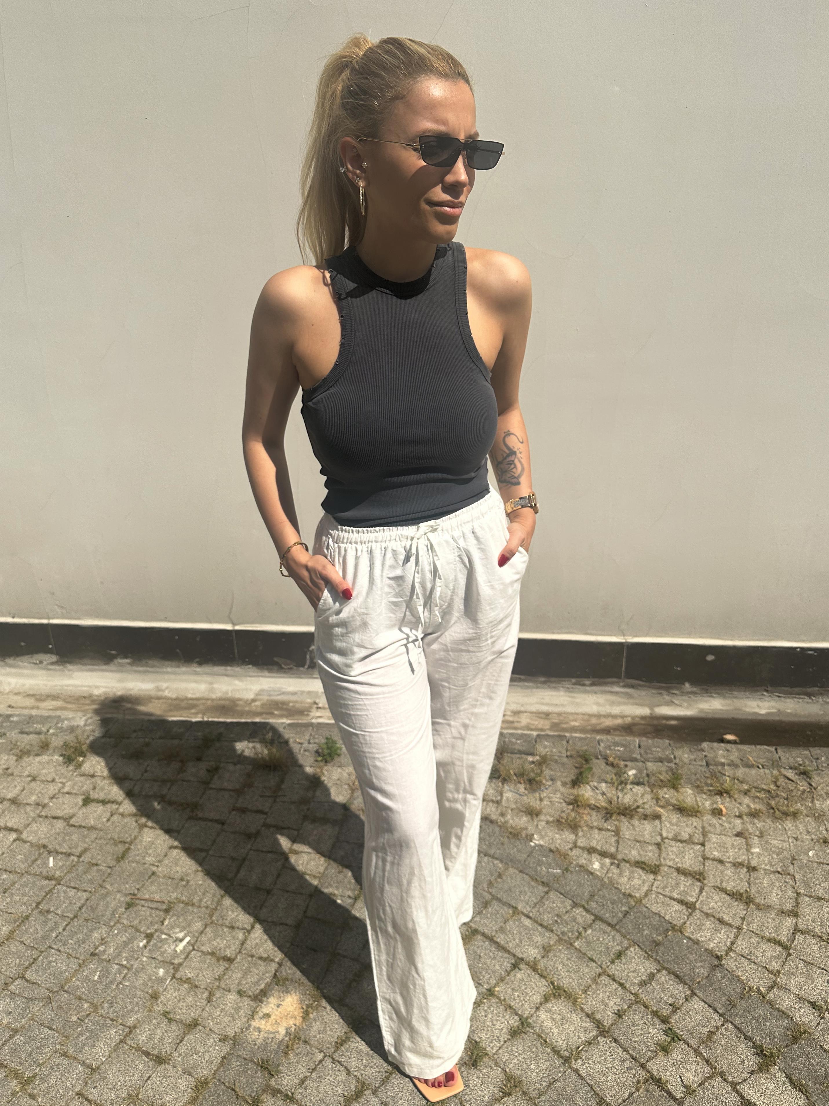 Beyaz Renk Beli Lastikli Keten/Pamuk Karışımlı Pantolon