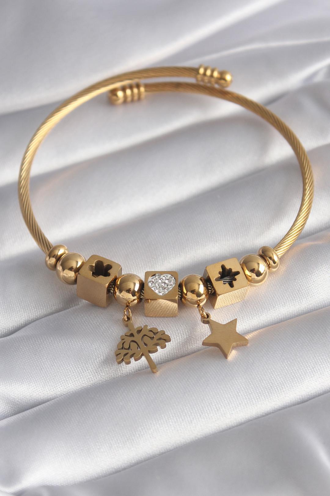 Çelik Gold Renk Taşlı Kalp Yaşam Ağacı Yıldız Detaylı Charm Bileklik