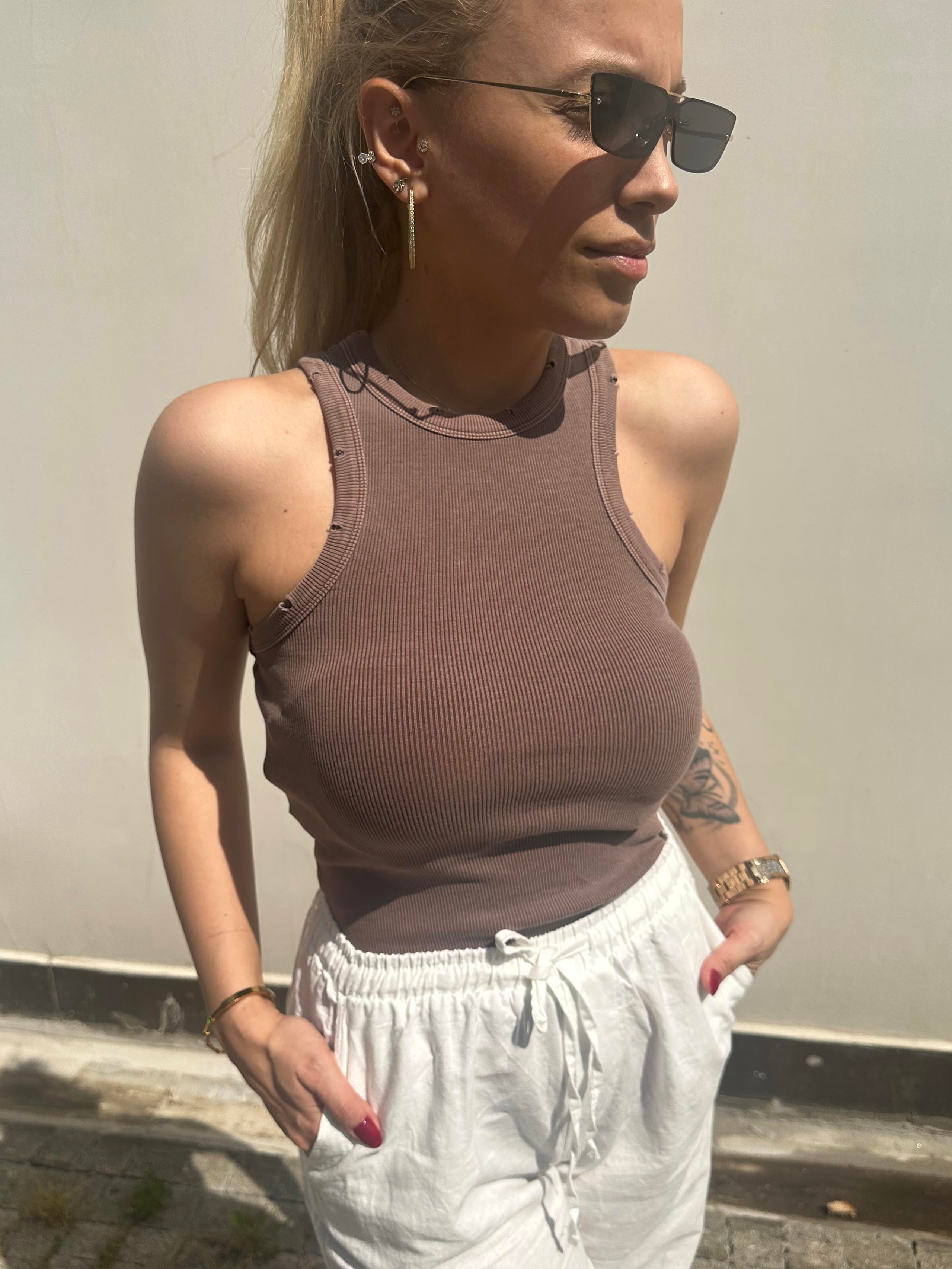 Kahve Rengi Yıkamalı Fitilli Atlet