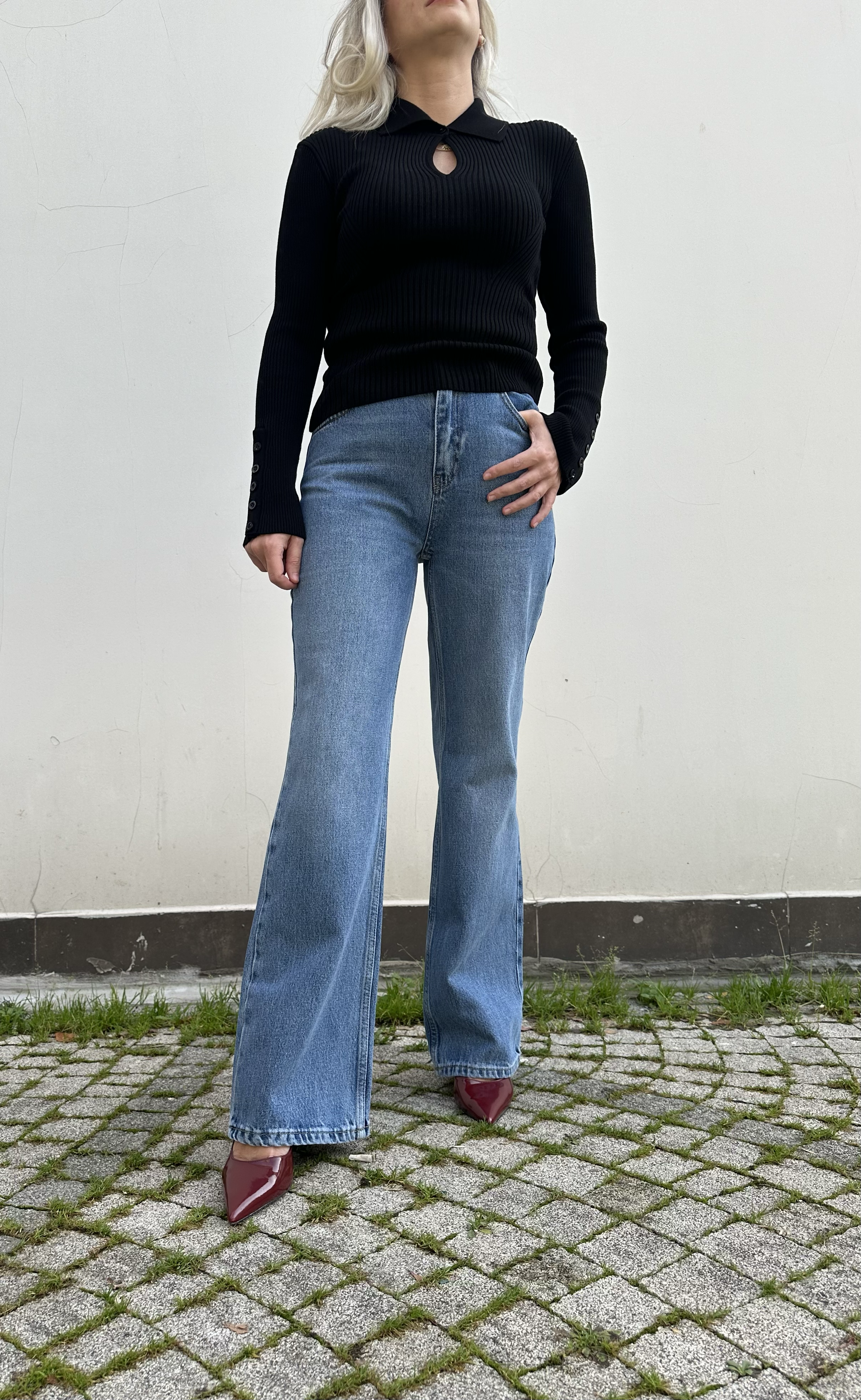 Taş Yıkama Mavi Renk Wide Leg Jean