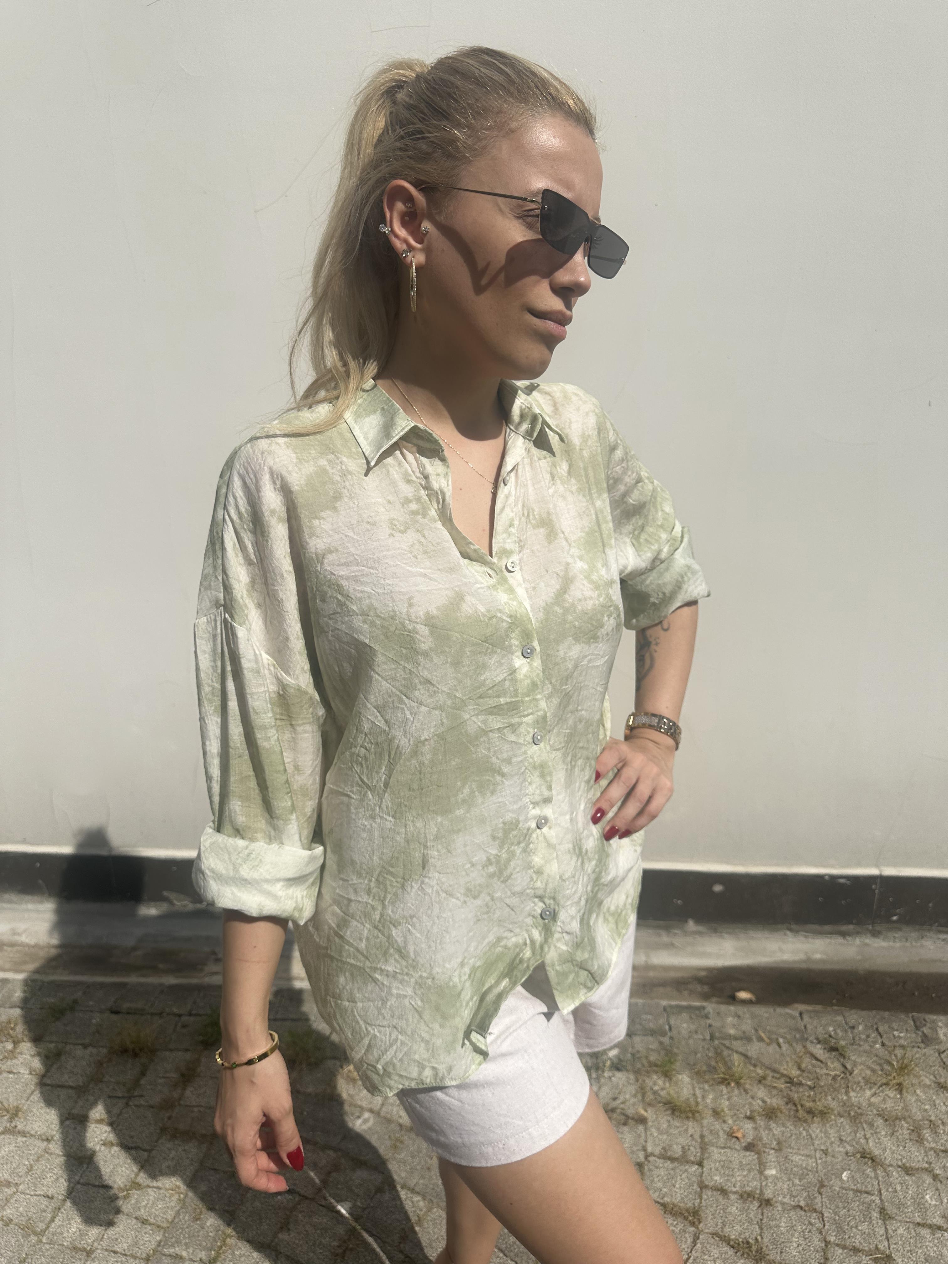 Yeşil Desenli Oversize Gömlek 