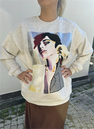 Baskı ve Aplike Detaylı Açık Gri Renk Cepli Sweatshirt 