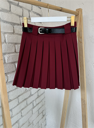 Bordo Renk Pileli Kemerli Etek