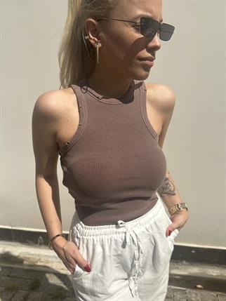 Kahve Rengi Yıkamalı Fitilli Atlet