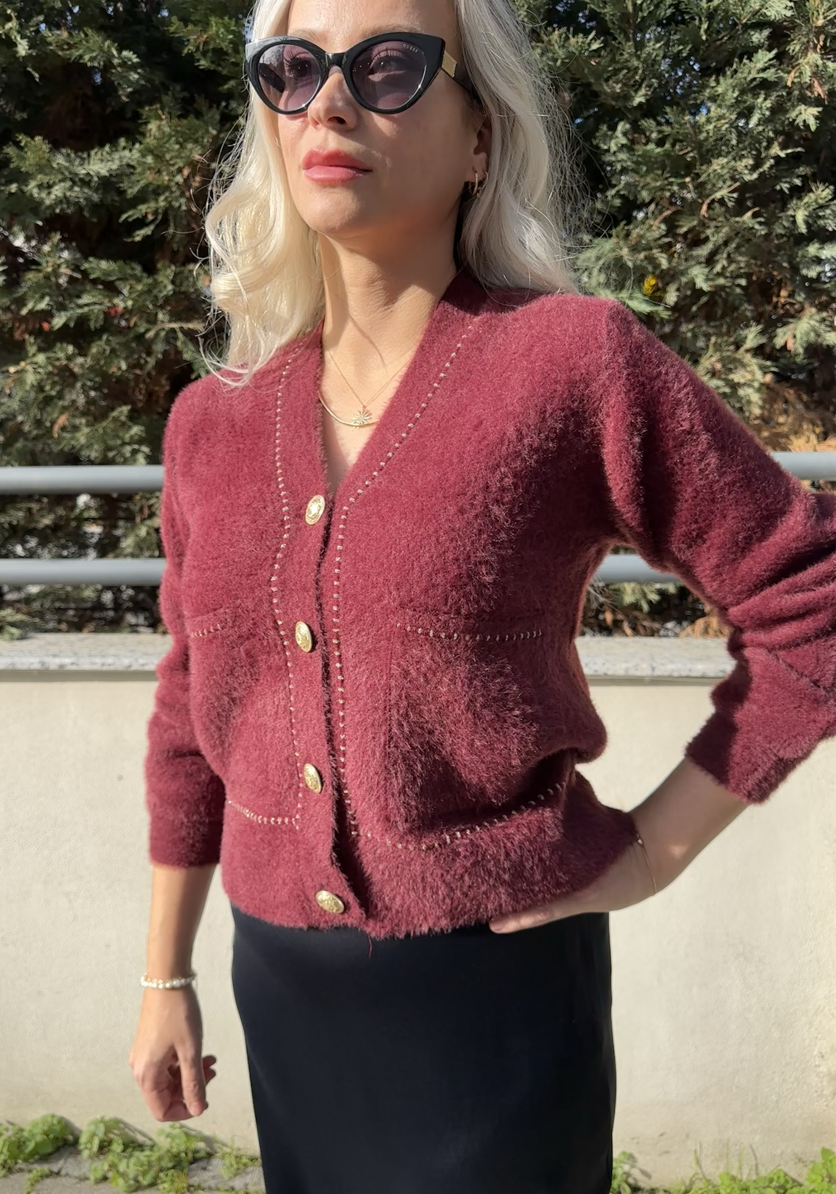 Bordo Renk V Yaka Angora Görünümlü Hırka