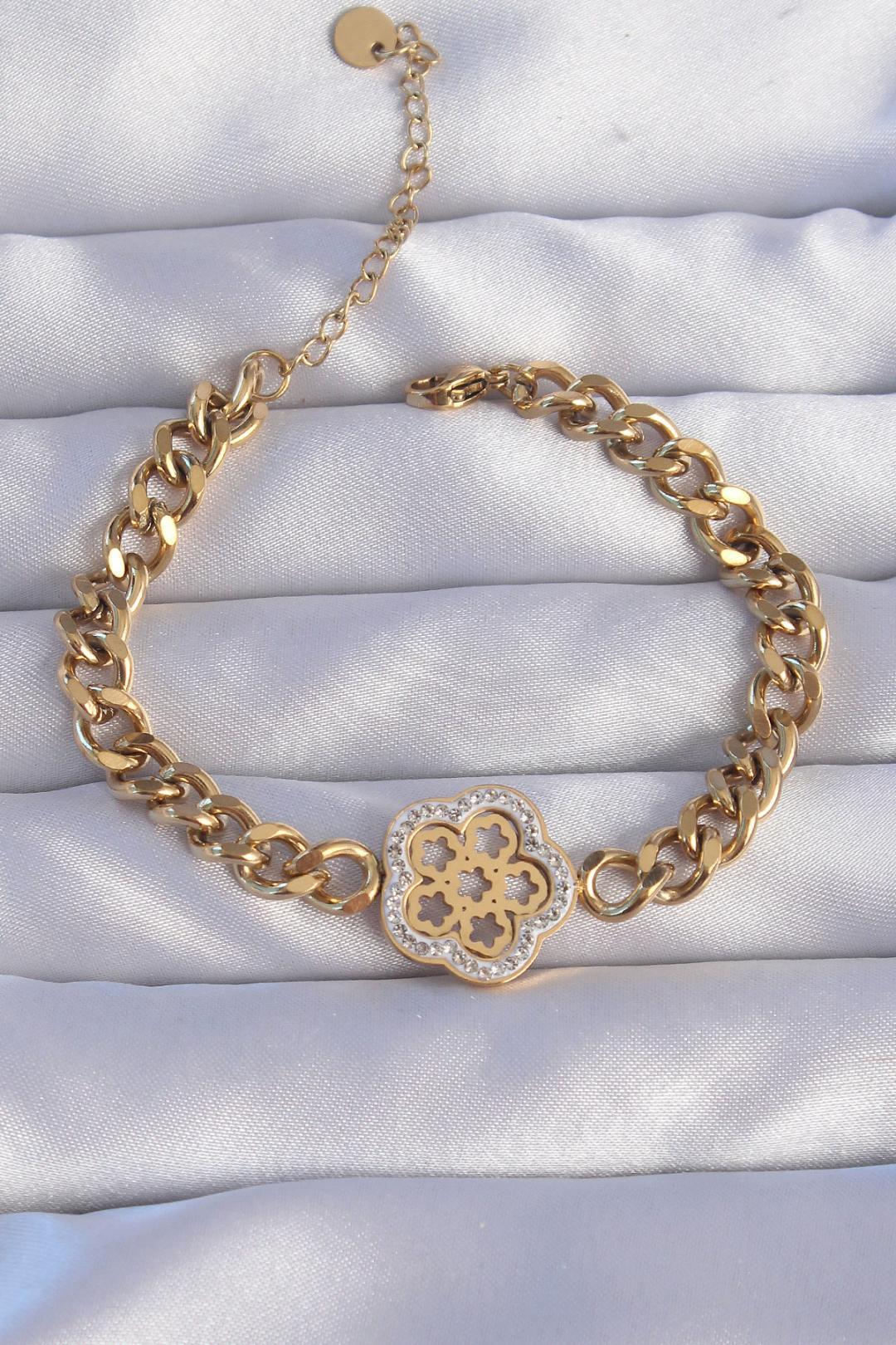 Çelik Gold Renk Zirkon Taşlı Çiçek Tasarımlı Zincir Bileklik