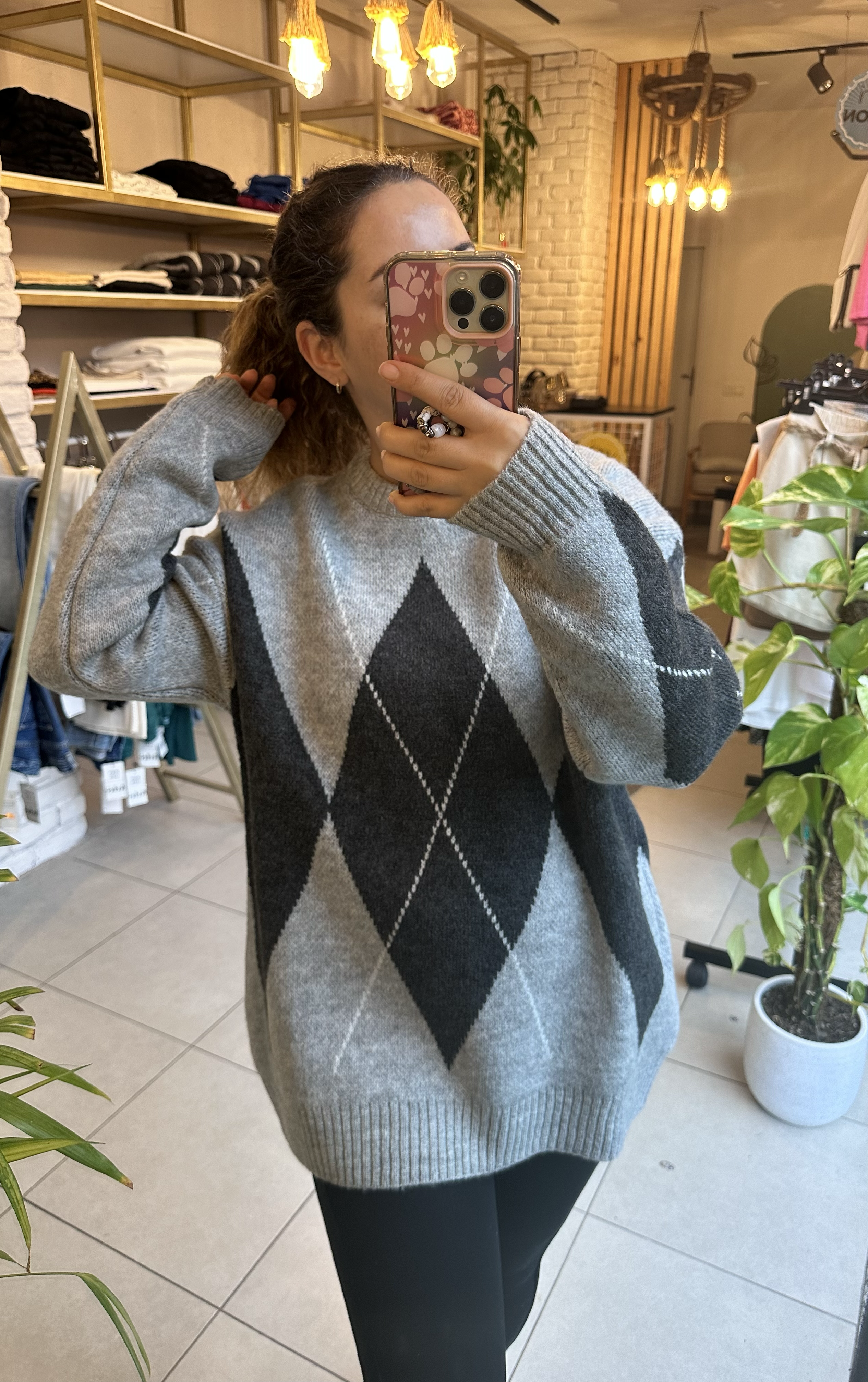 Gri Baklava Desen Oversize Kazak