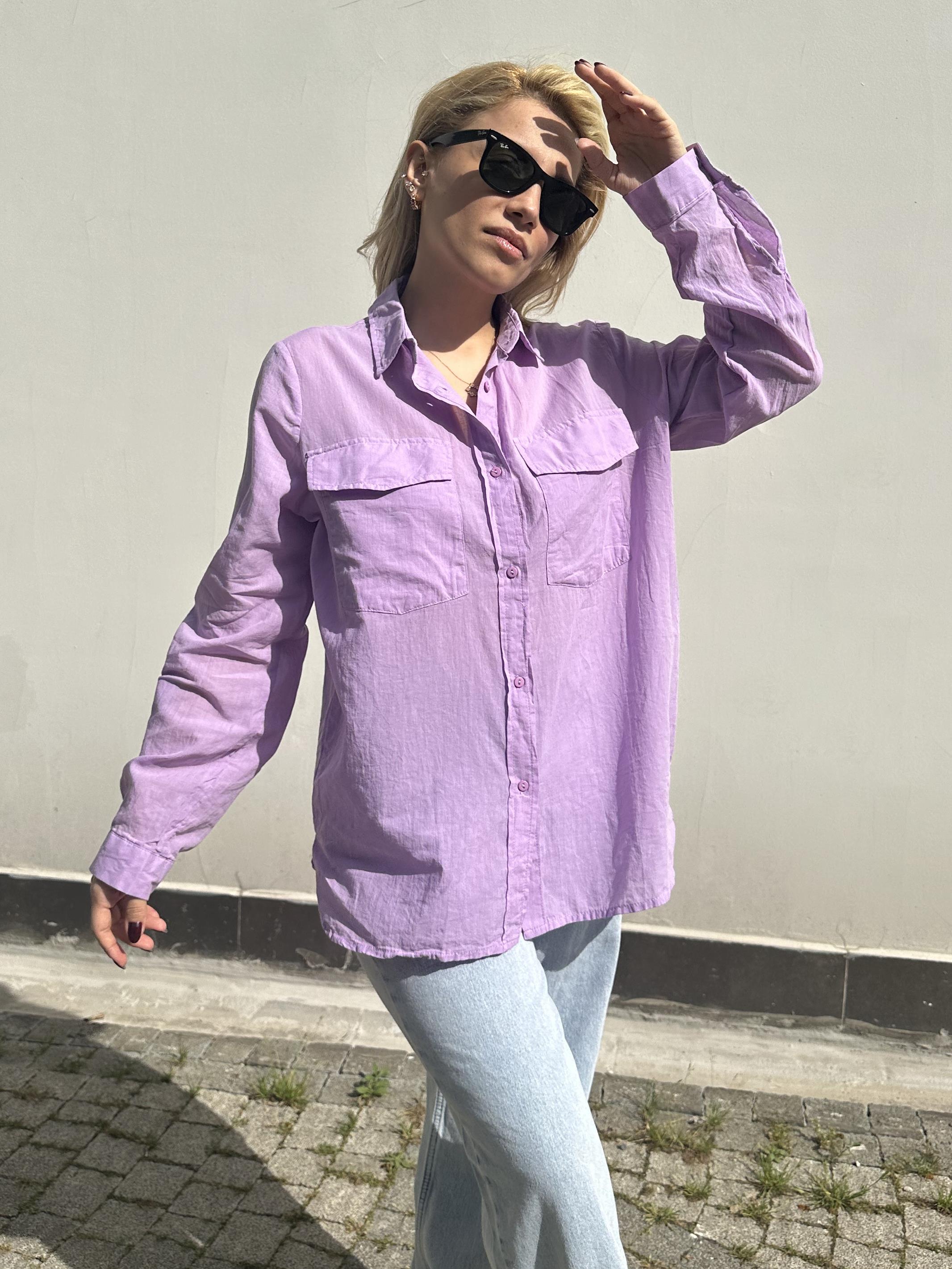 Lila Cep Detaylı Pamuk Gömlek