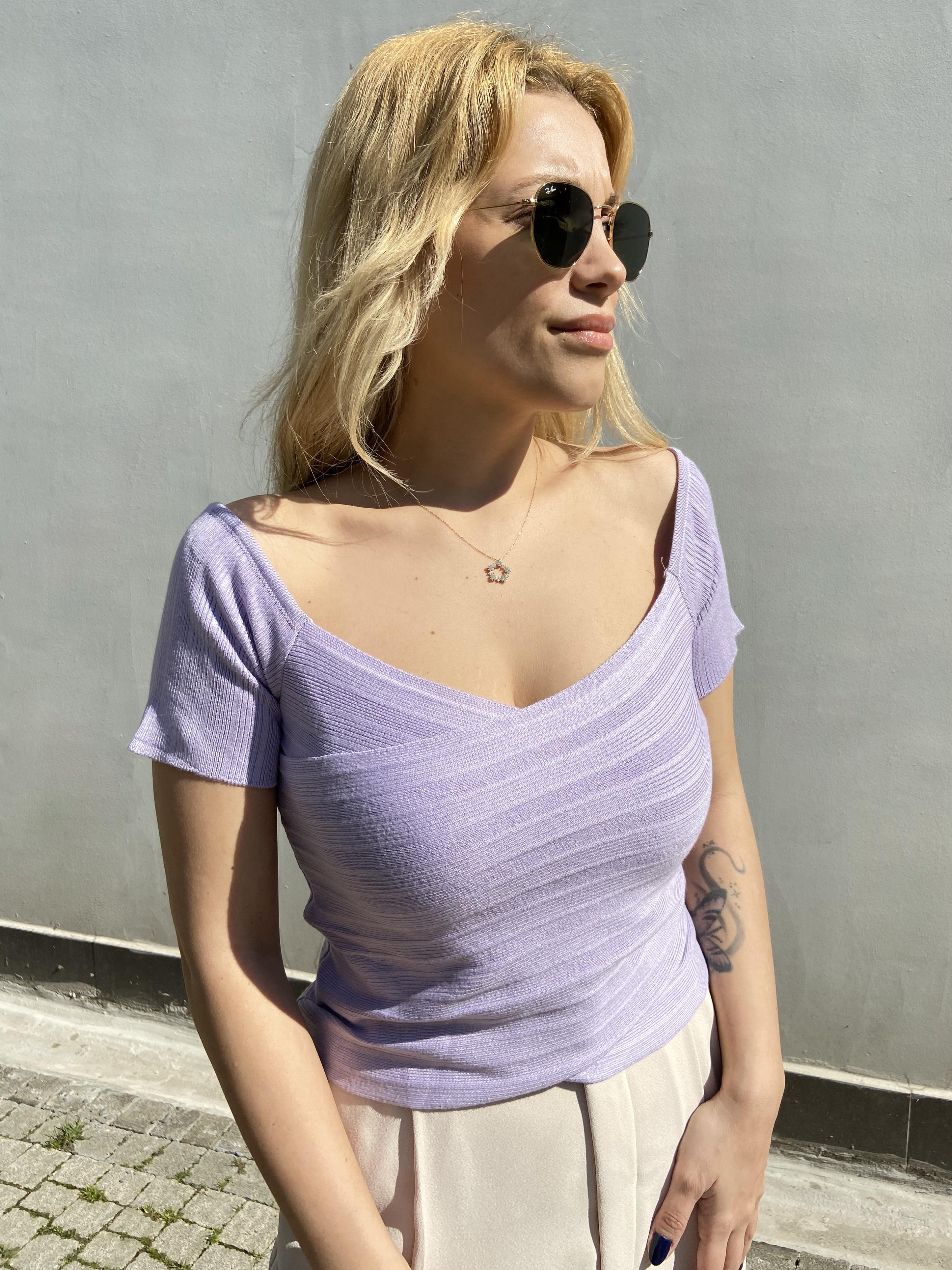 Lila Rengi Bardot Yaka Fitilli Triko Bluz