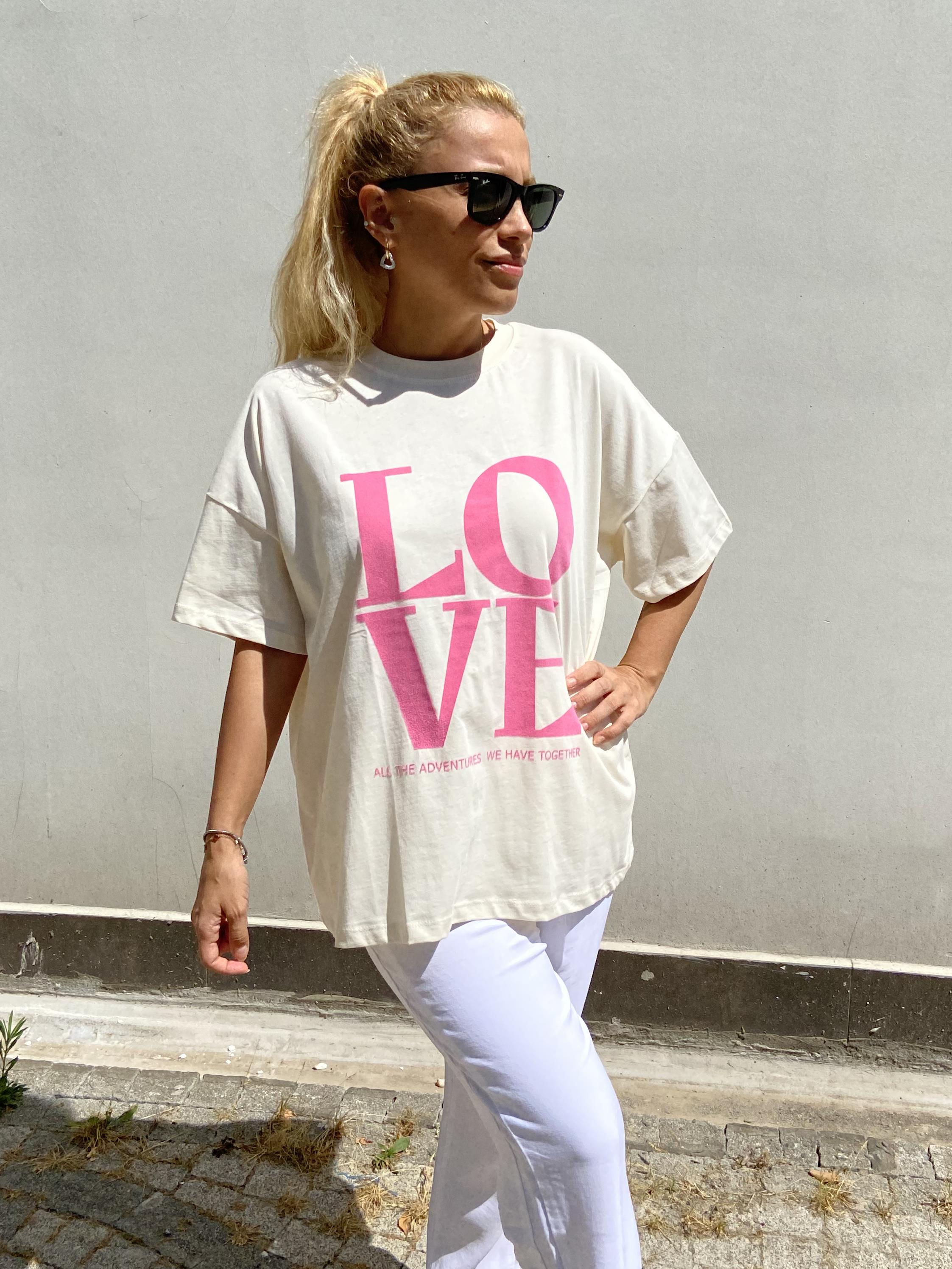 Love Flok Baskılı Standart Beden Ekru Renk Pamuk Tişört