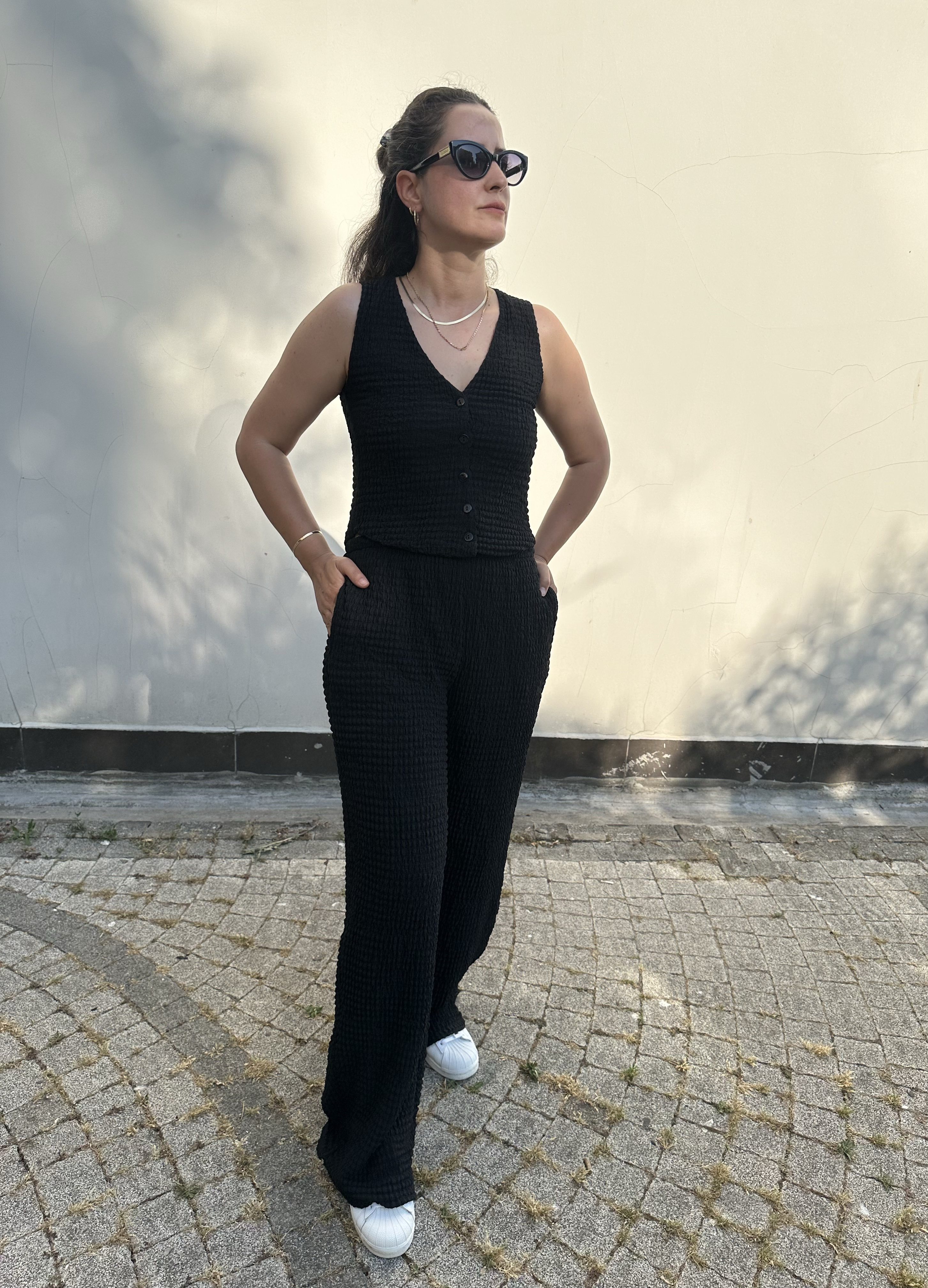 Siyah Gofre Kumaş Yelek Pantolon Takım